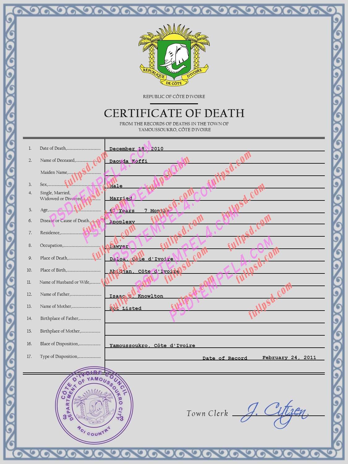 Cote dIvoire death certificate psd