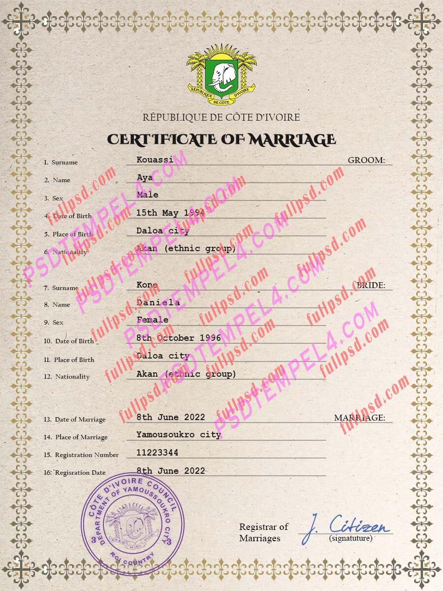 Cote dIvoire marriage certificate psd