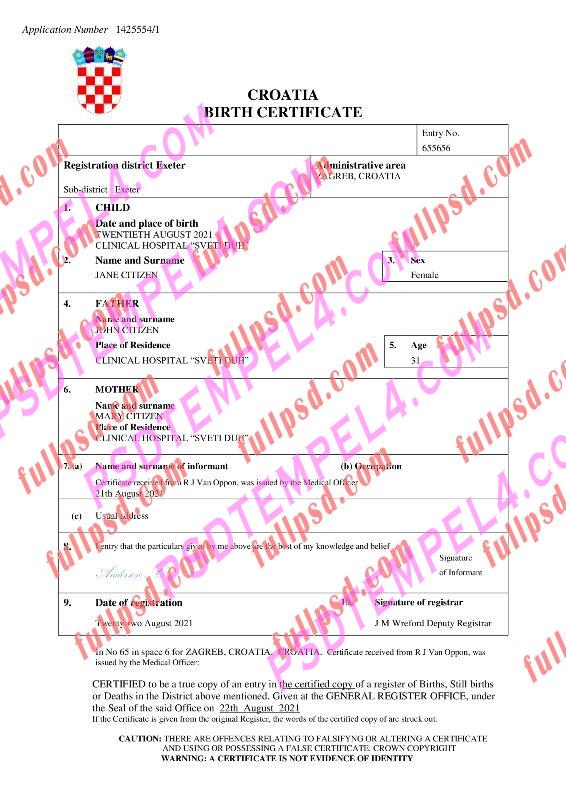 Croatia Birth certificate pdf and word