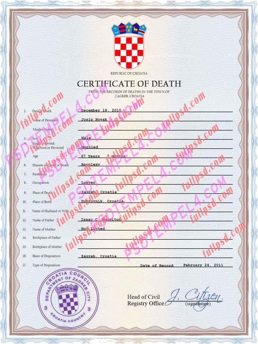 Croatia death certificate psd