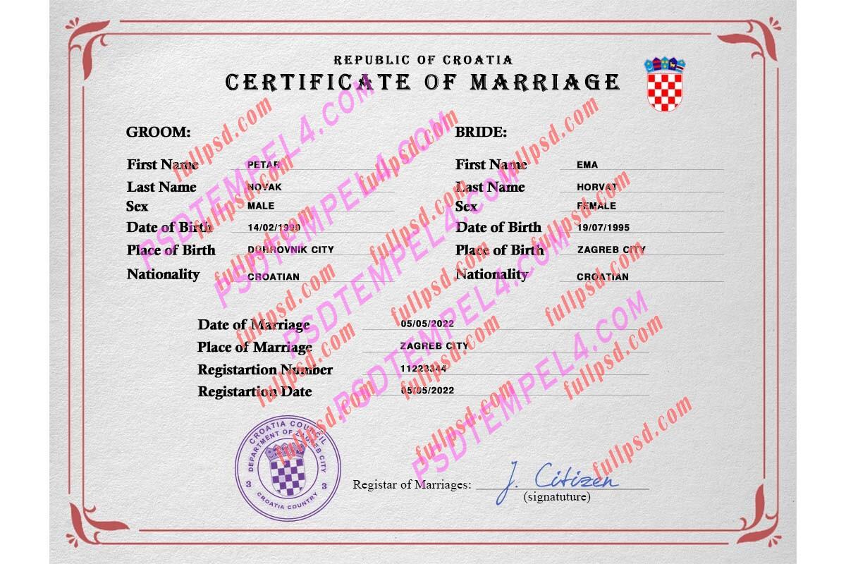 Croatia marriage certificate psd