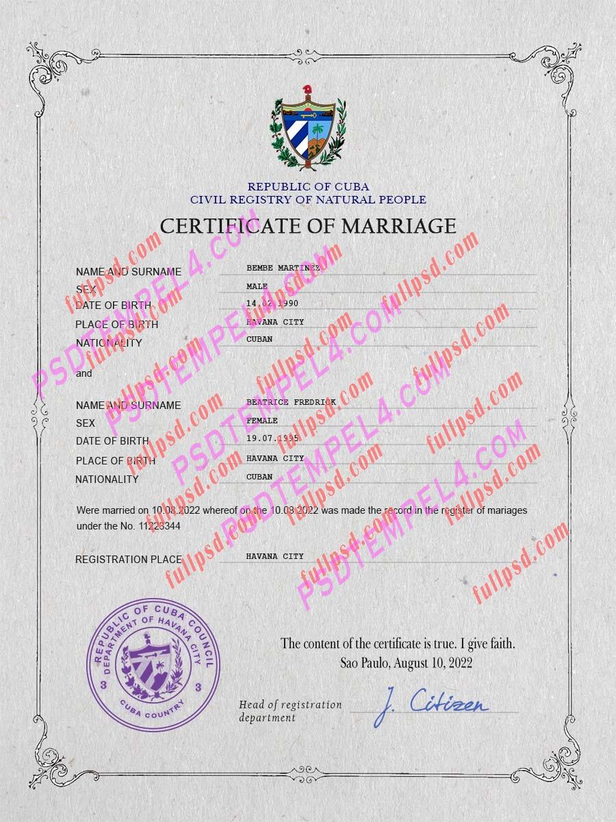 Cuba marriage certificate psd
