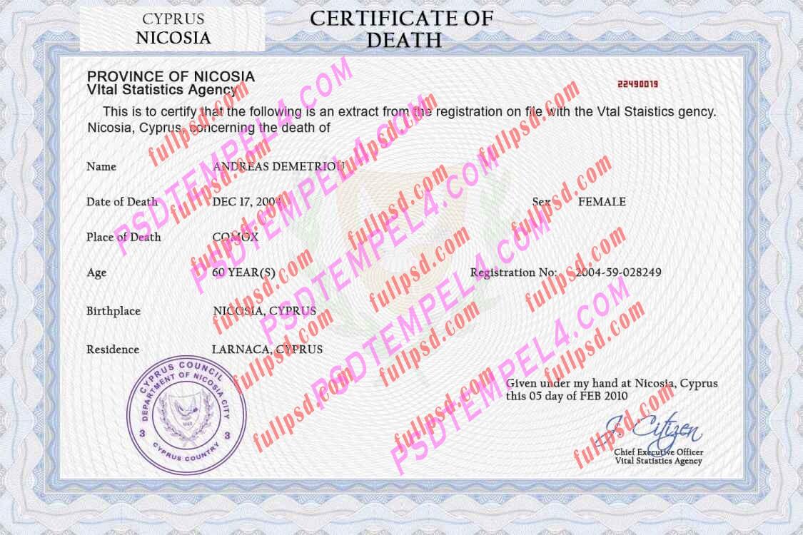 Cyprus death certificate psd