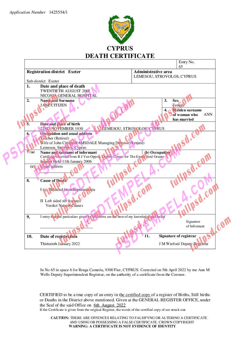 Cyprus death certificate pdf and word