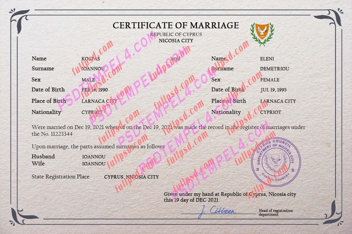 Cyprus marriage certificate psd