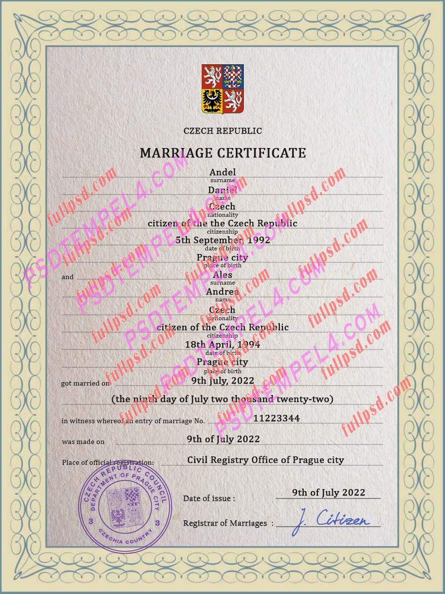 Czech marriage certificate psd