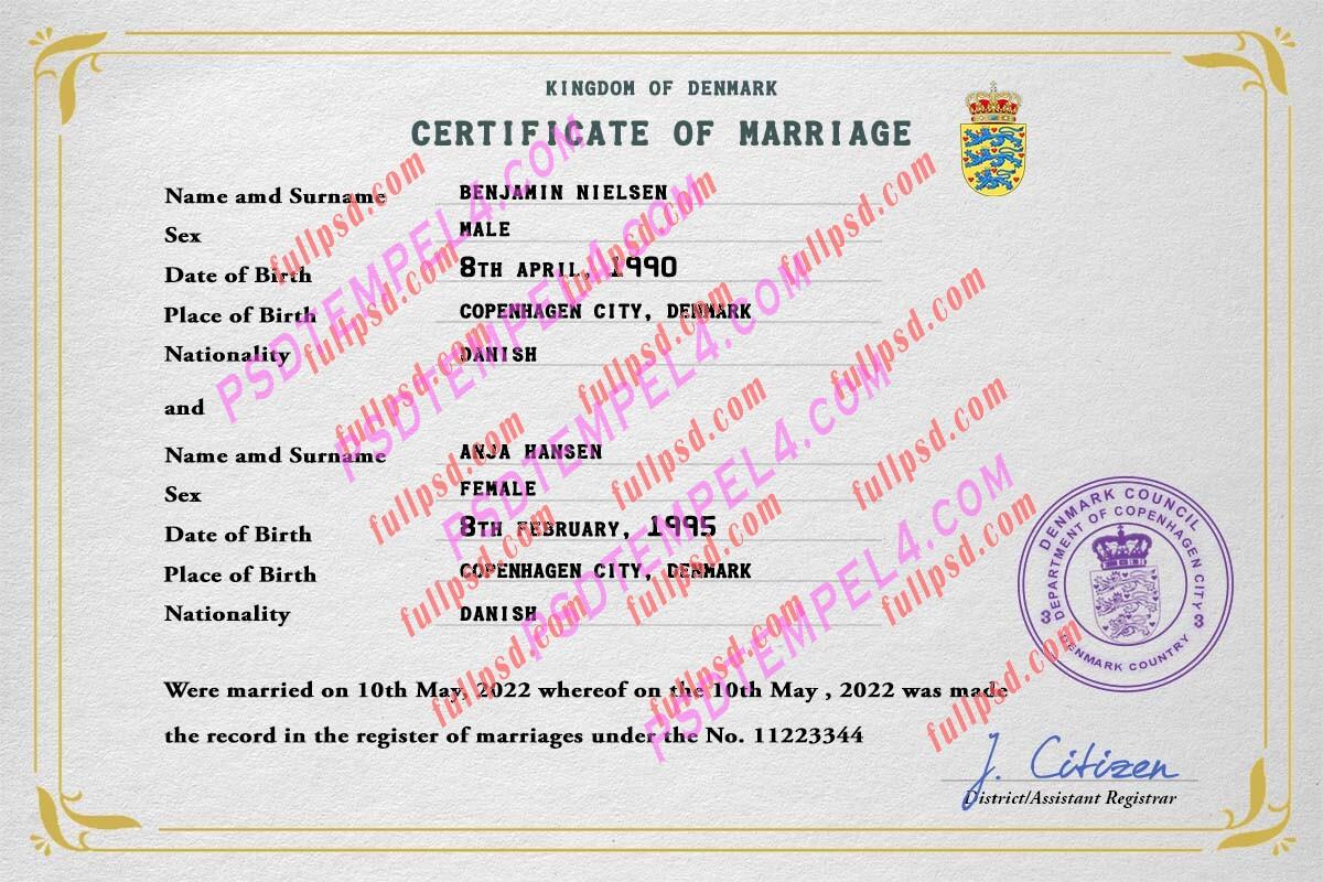 Denmark marriage certificate psd