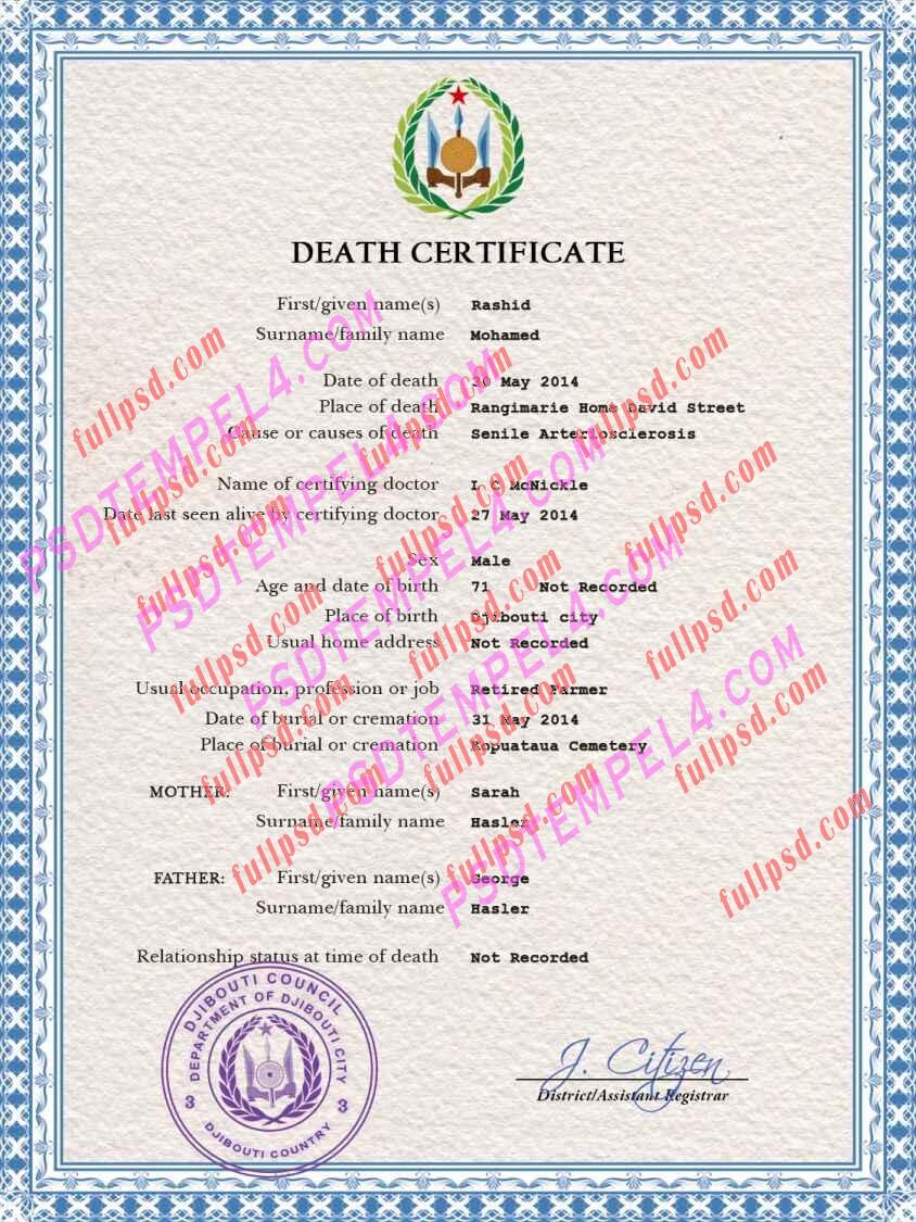 Djibouti death certificate psd