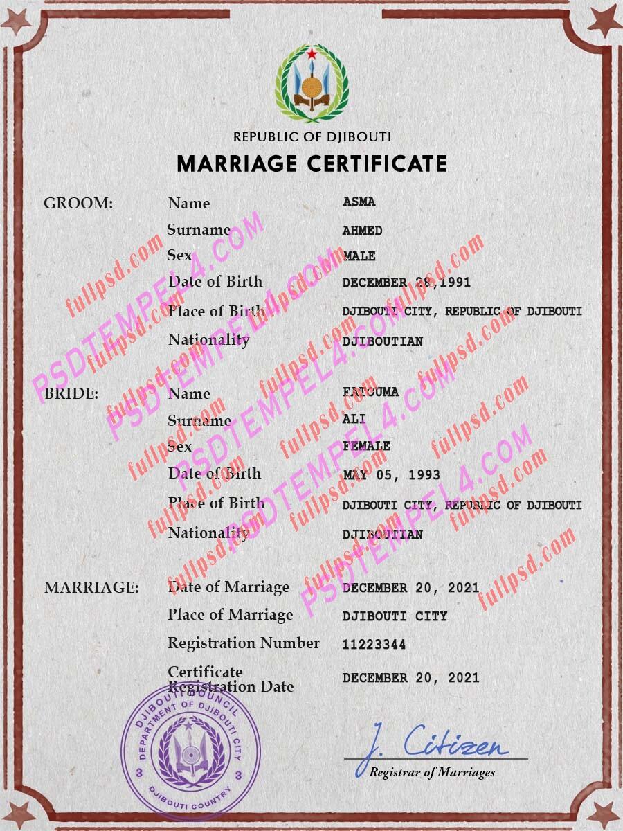 Djibouti marriage certificate psd