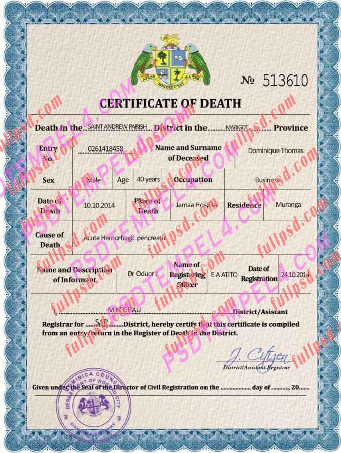 Dominica death certificate psd