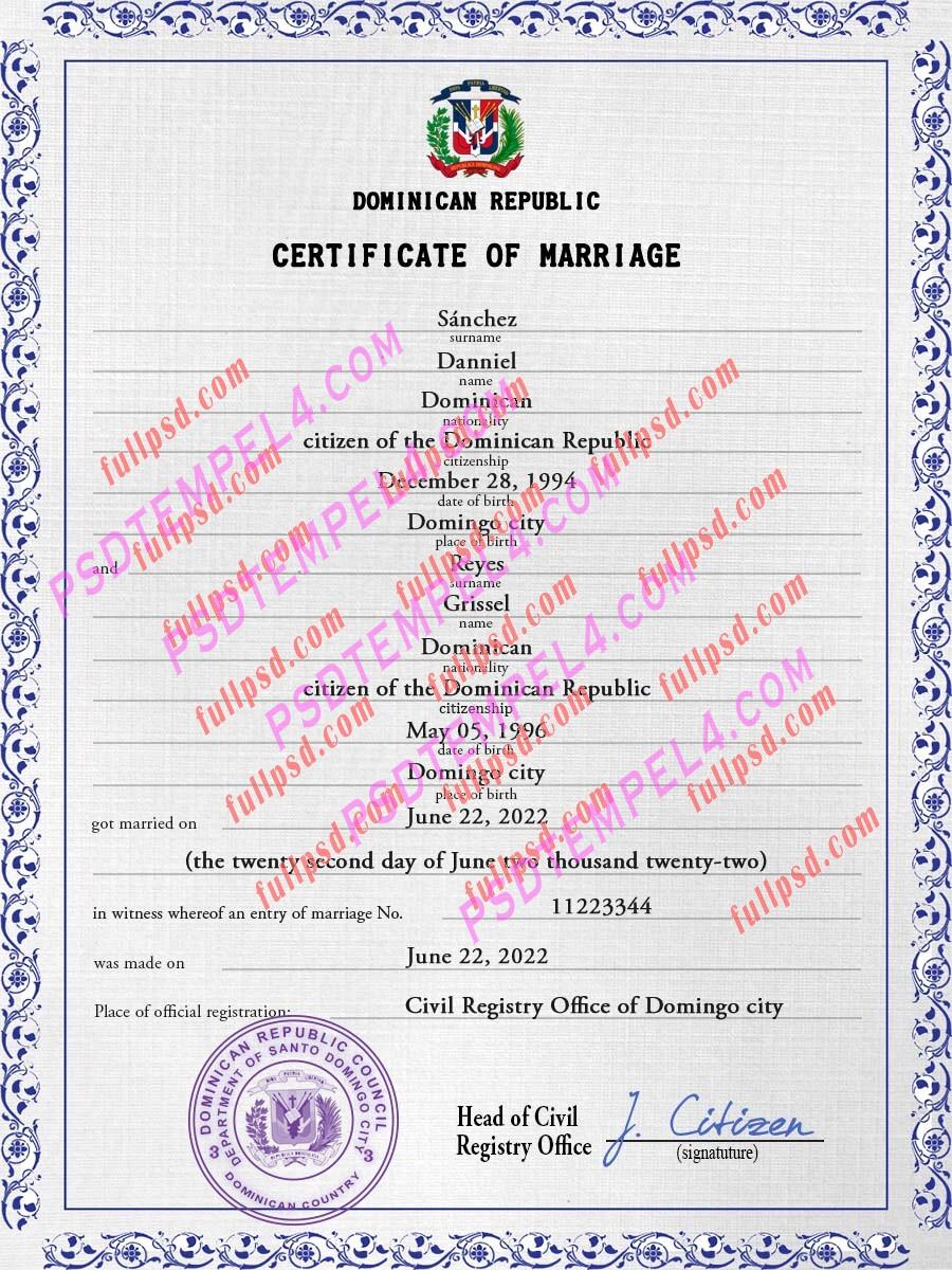 Dominican Republic marriage certificate psd