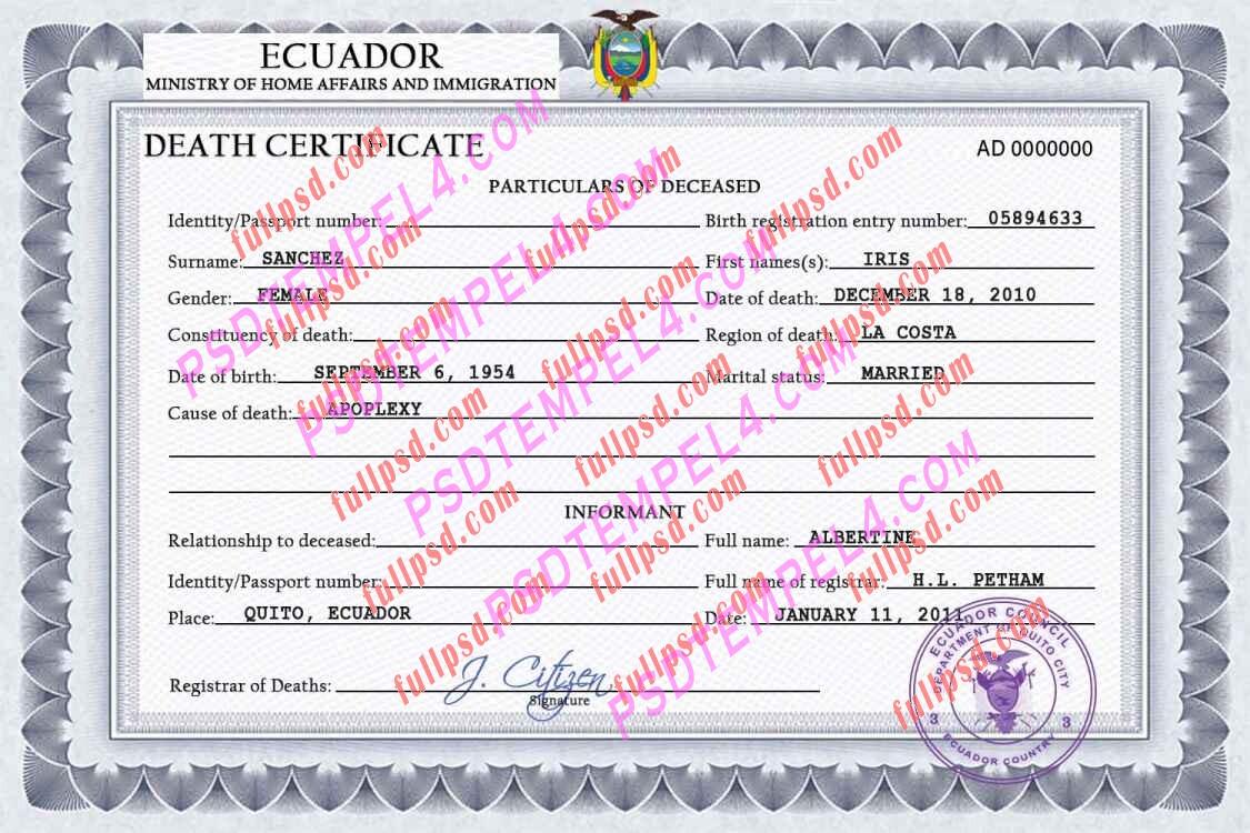 Ecuador death certificate psd