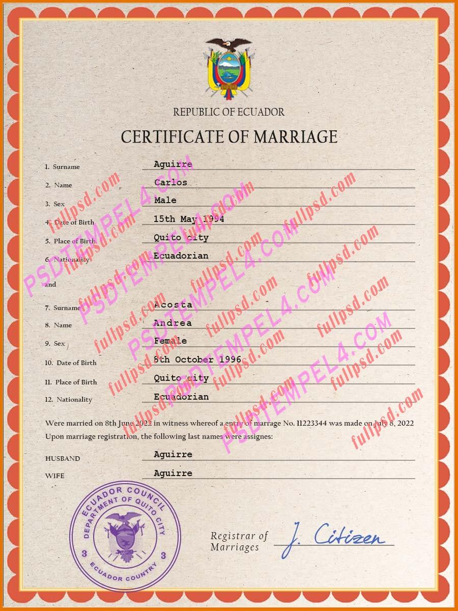 Ecuador marriage certificate psd