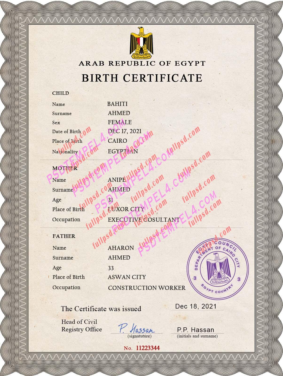 Egypt Birth certificate PSD