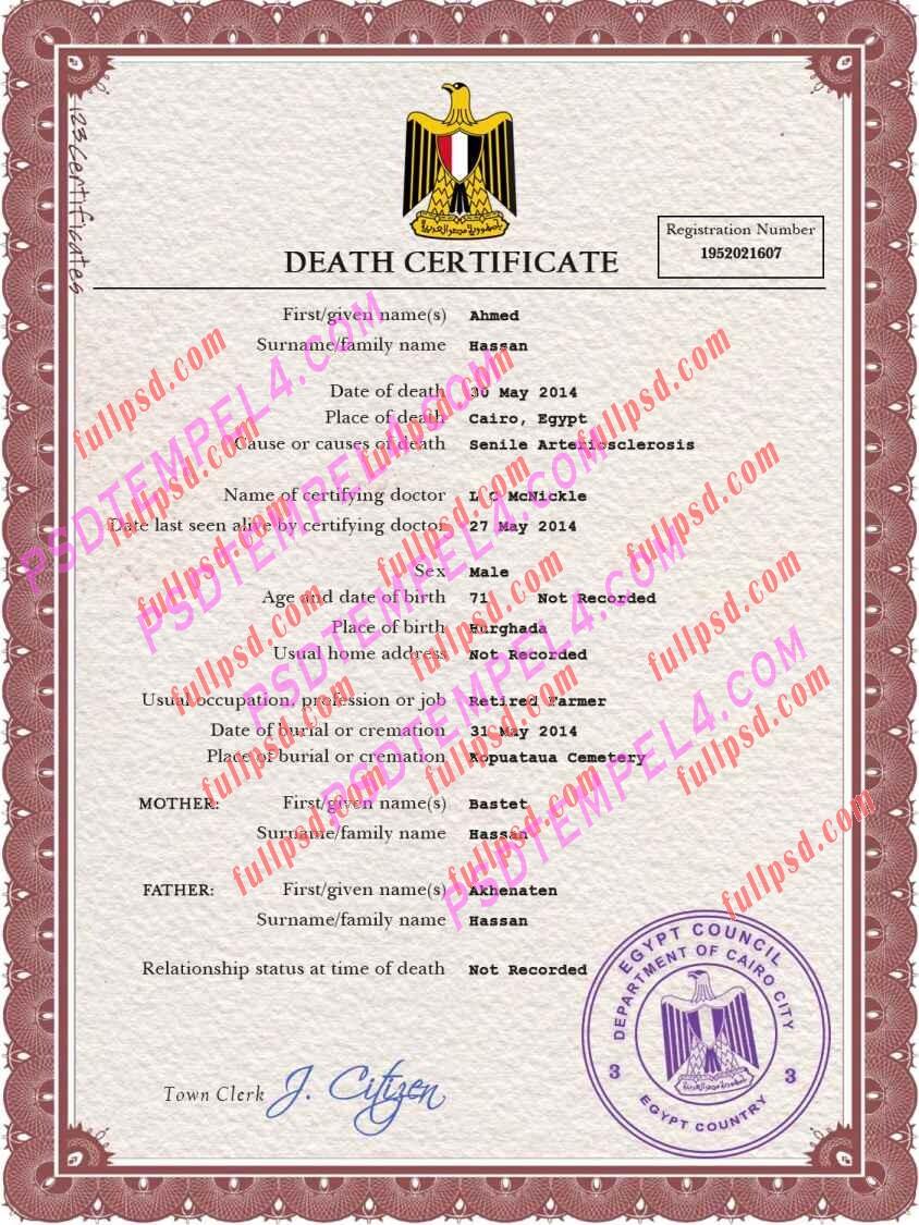 Egypt death certificate psd