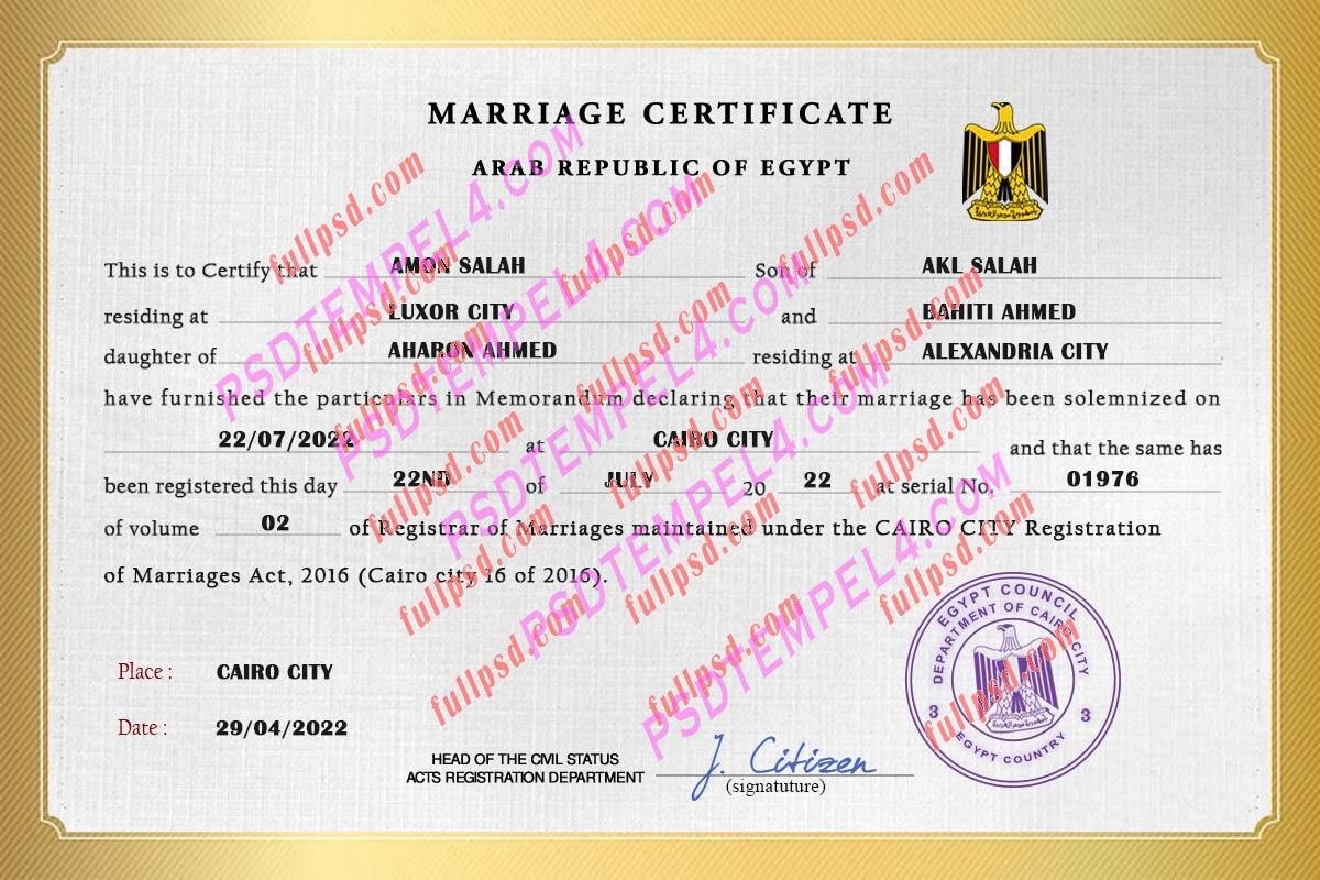 Egypt marriage certificate psd