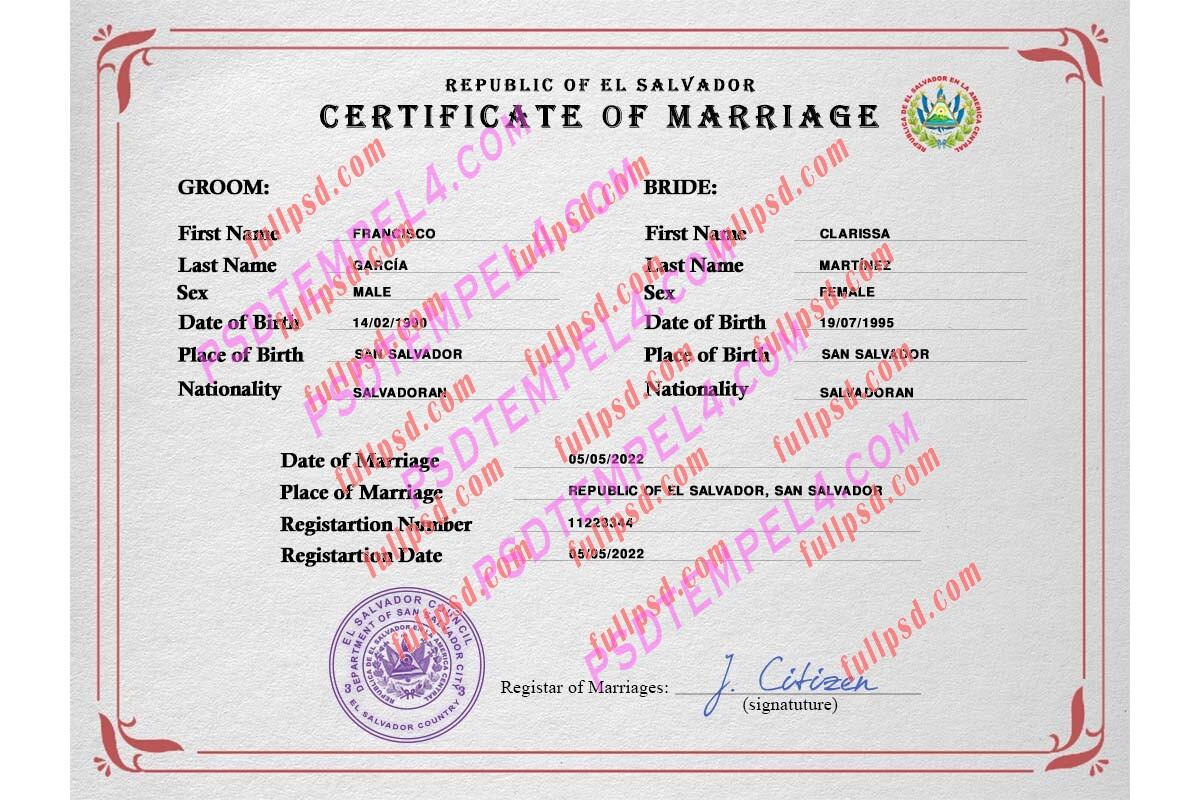 El Salvador marriage certificate psd