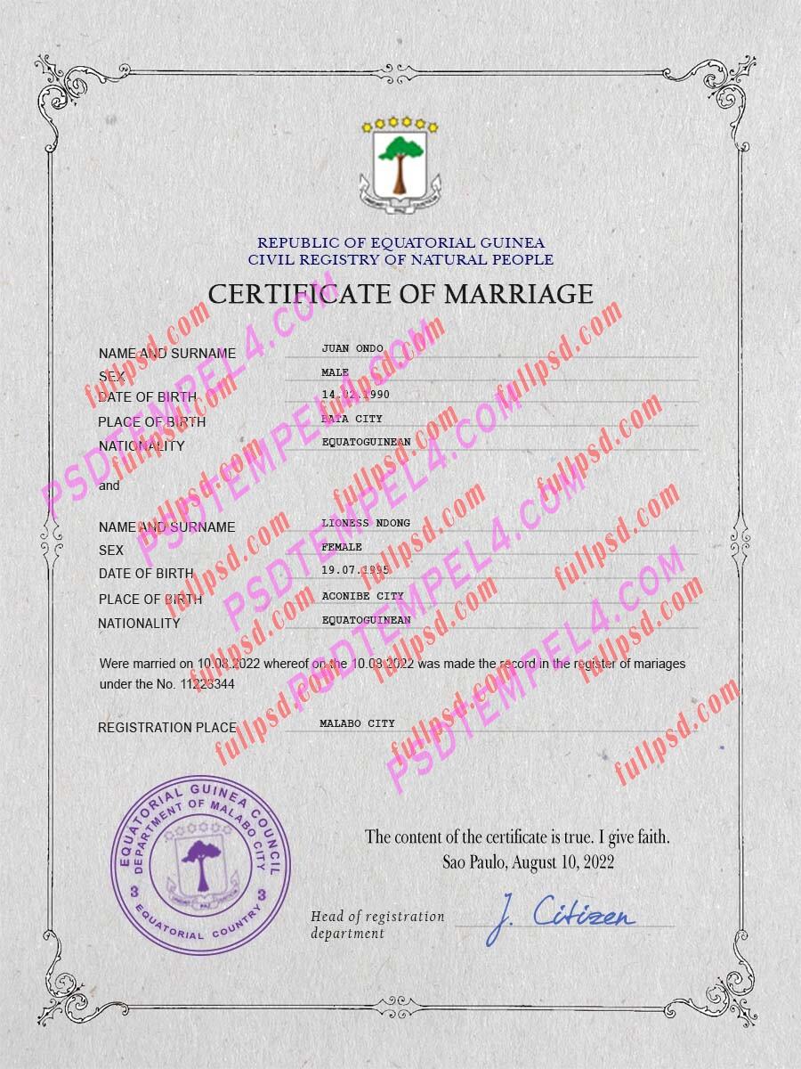 Equatorial Guinea marriage certificate psd