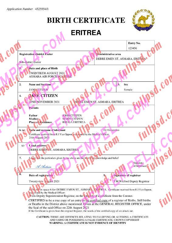 Eritrea Birth certificate pdf and word