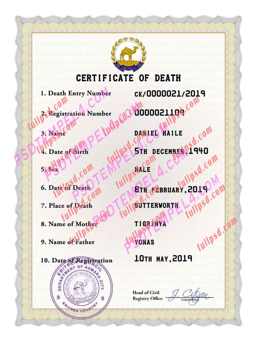 Eritrea death certificate psd