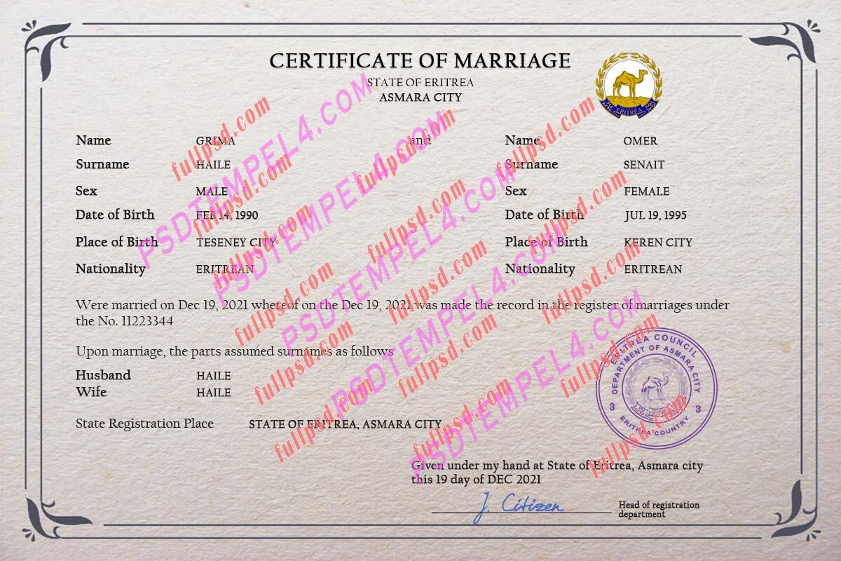 Eritrea marriage certificate psd