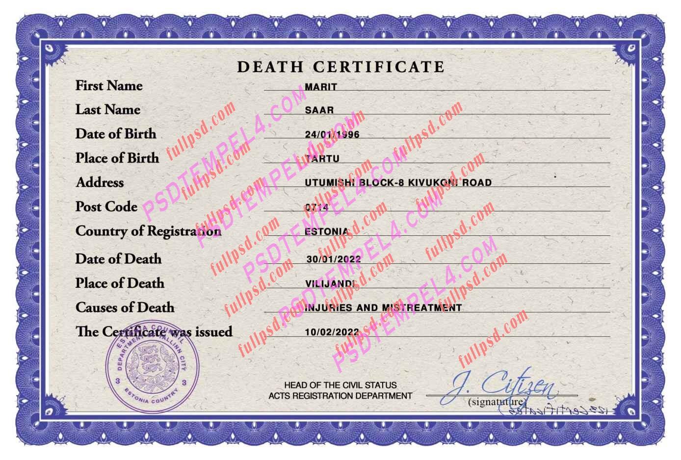 Estonia death certificate psd
