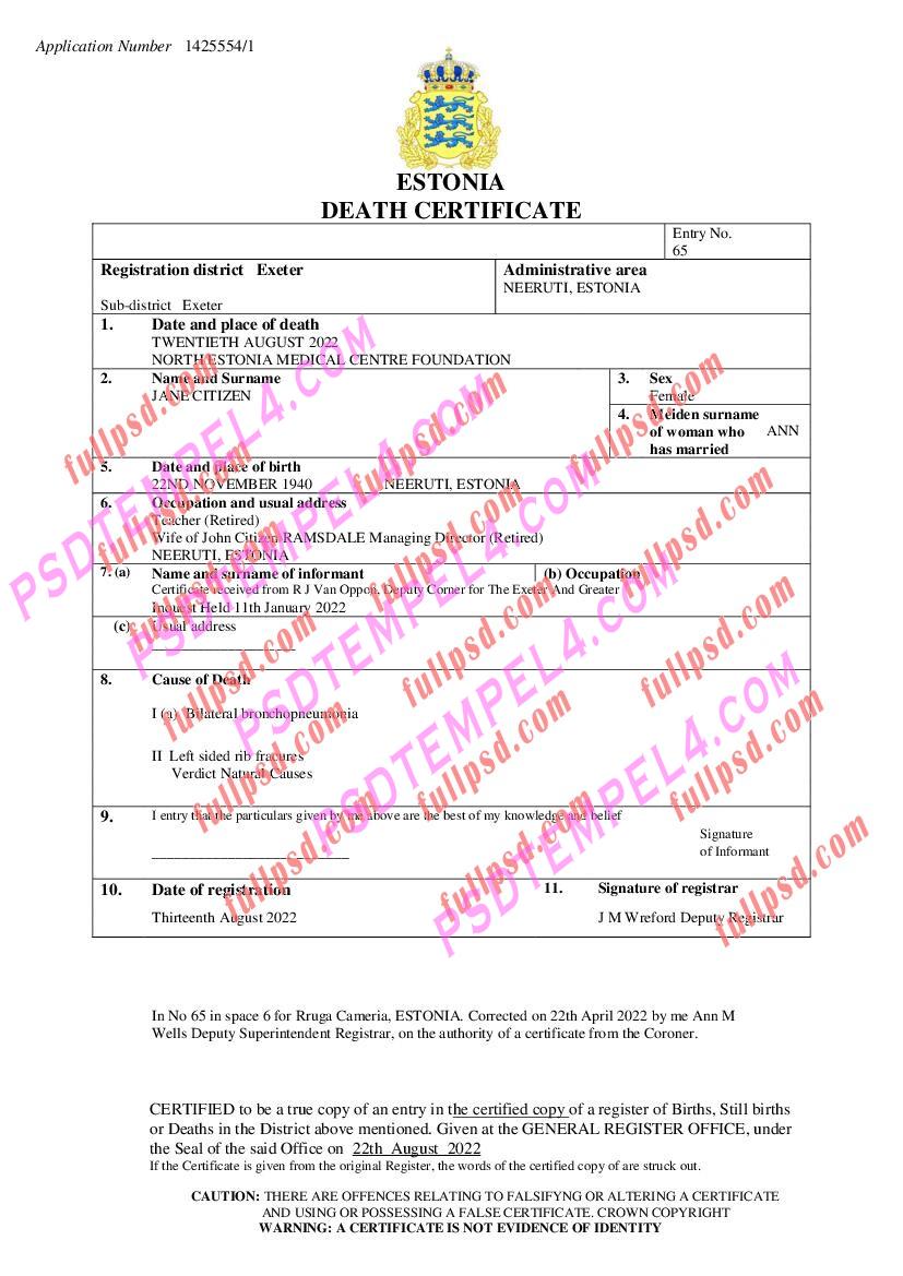 Estonia death certificate pdf and word
