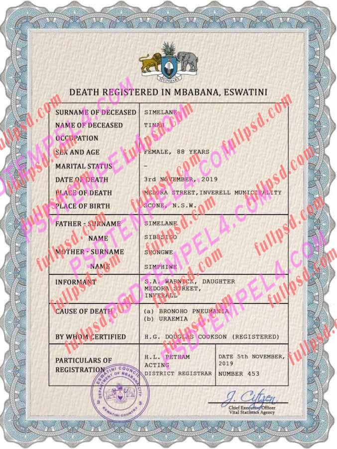 Eswatini death certificate psd