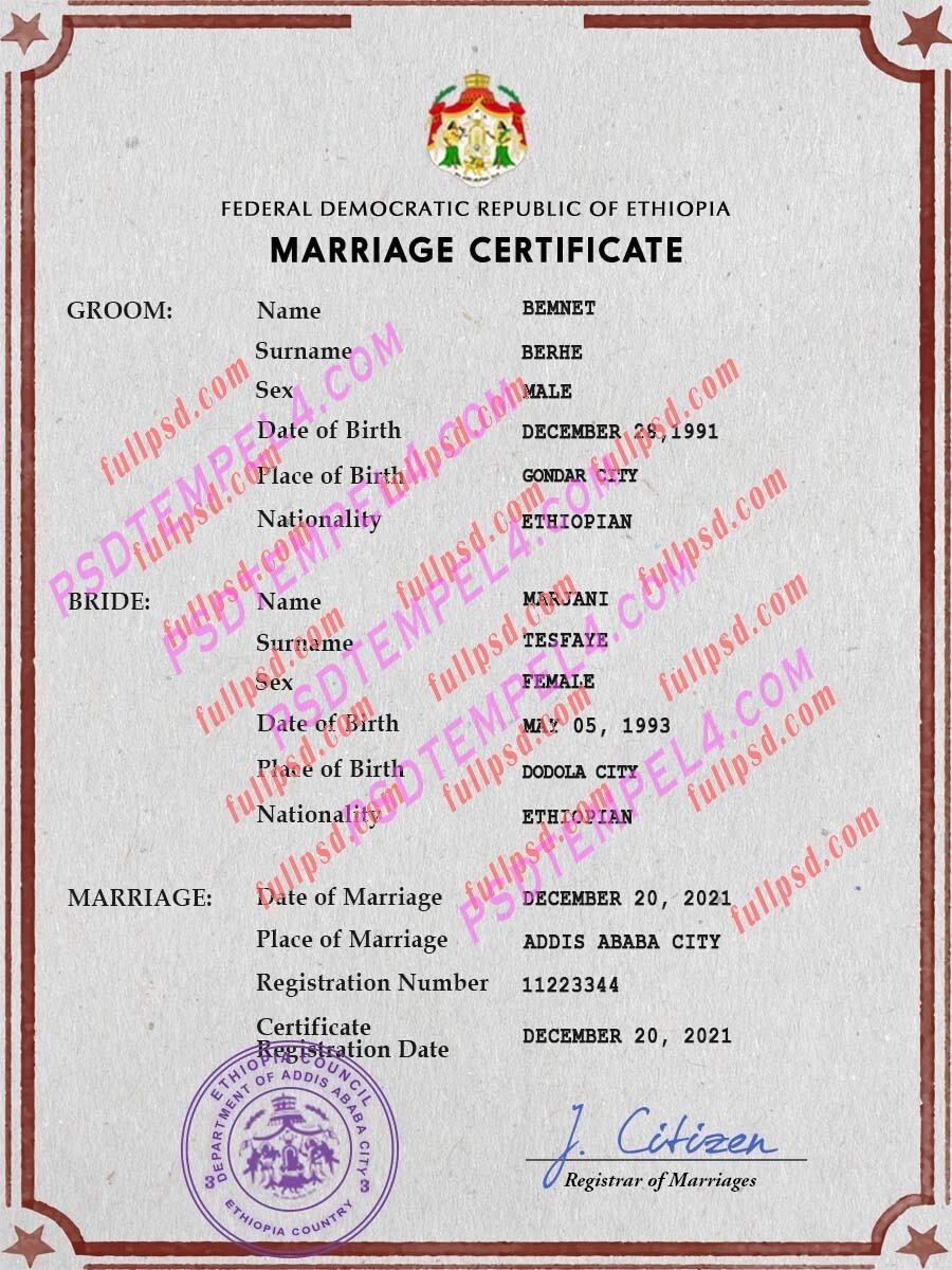Ethiopia marriage certificate psd