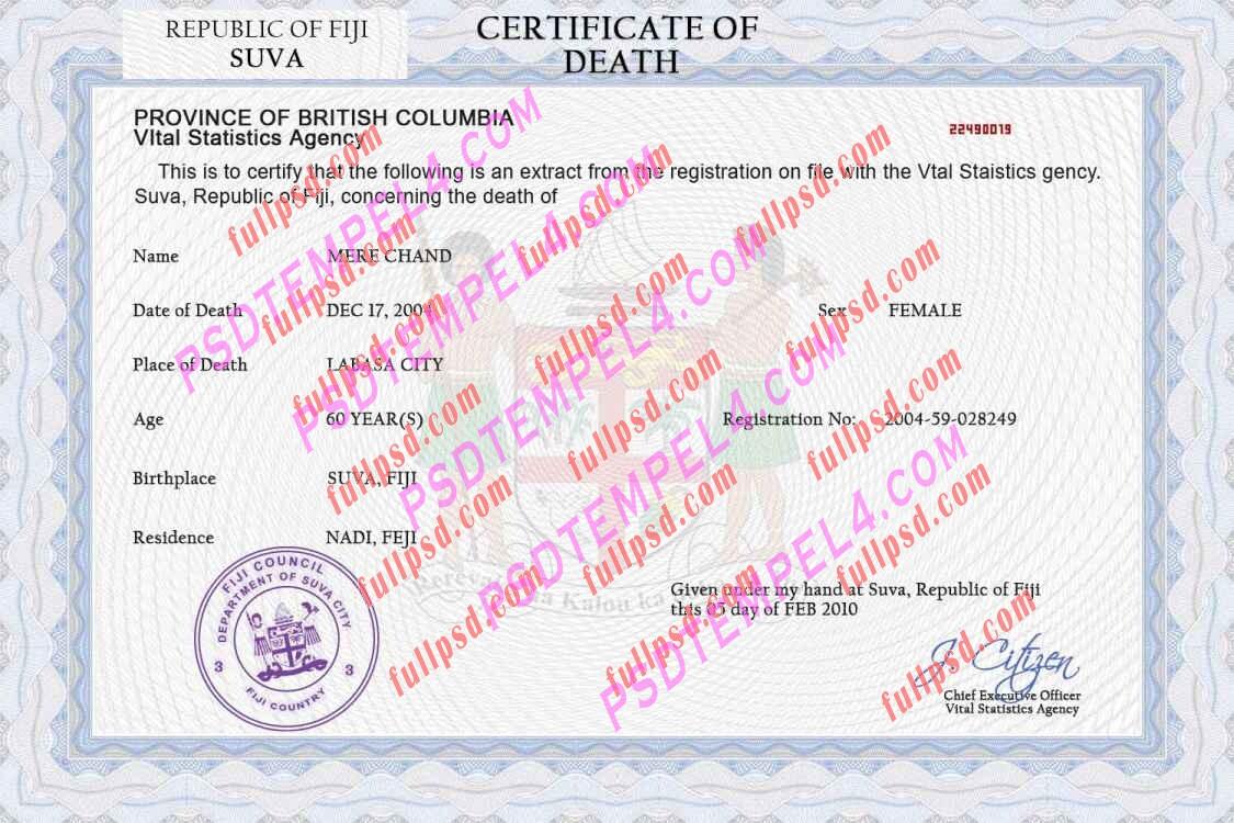 Fiji death certificate psd
