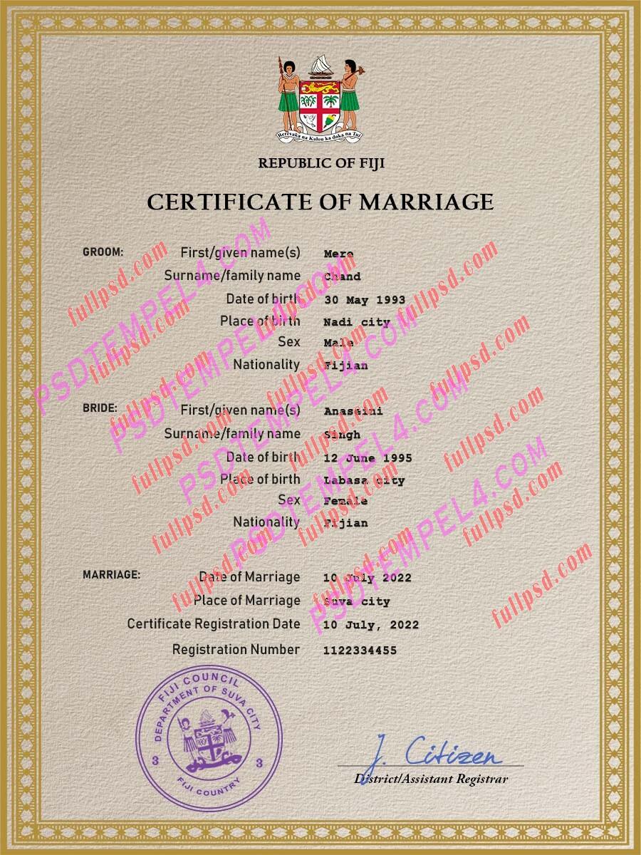 Fiji marriage certificate psd