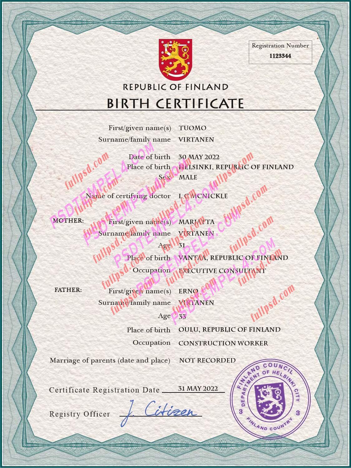 Finland Birth certificate PSD