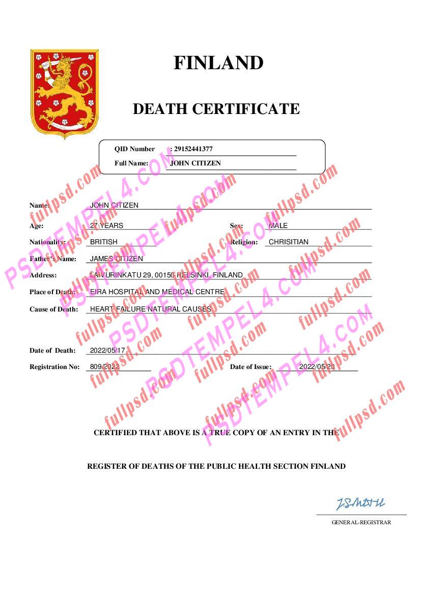 Finland death certificate pdf and word