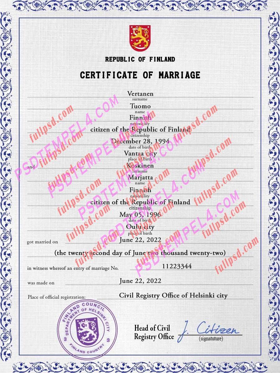 Finland marriage certificate psd