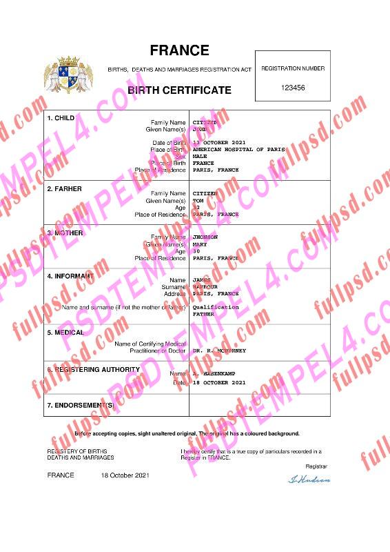 France Birth certificate pdf and word