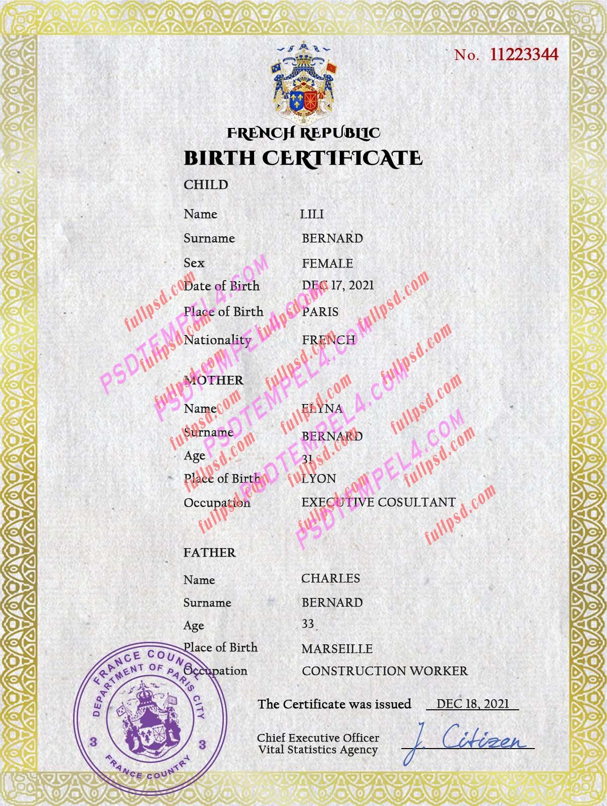 France Birth certificate PSD