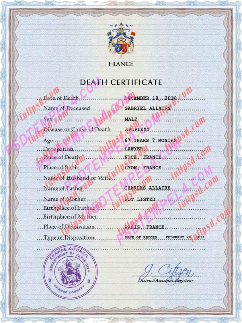 France death certificate psd