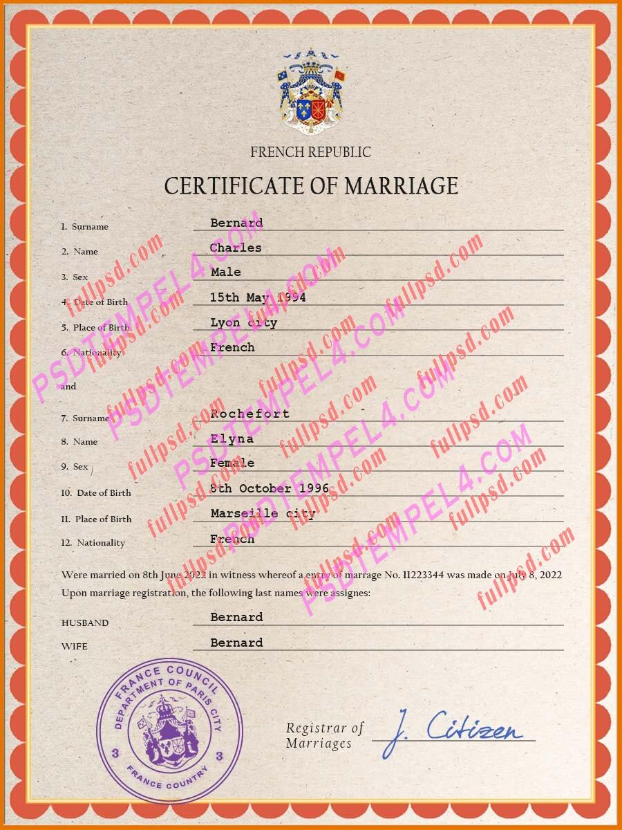 France marriage certificate psd