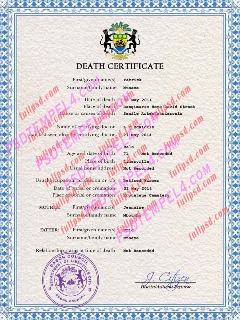 Gabon death certificate psd