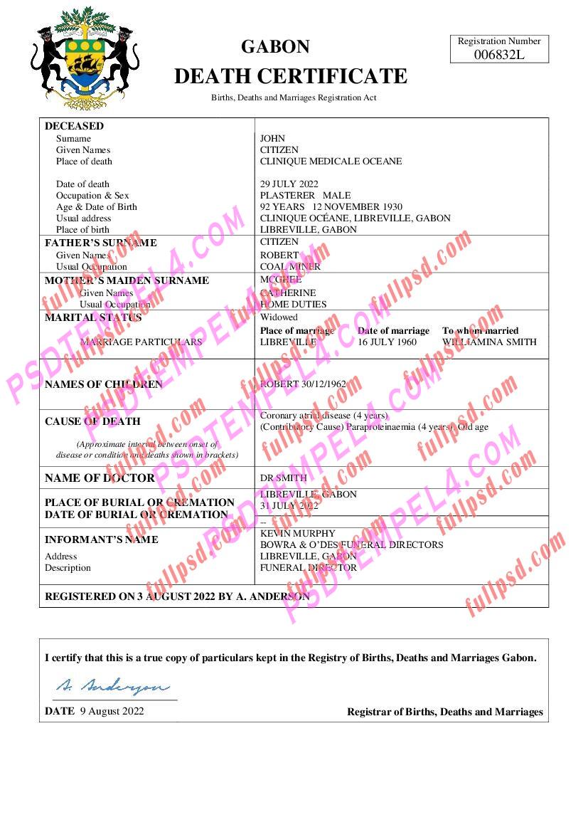 Gabon death certificate pdf and word