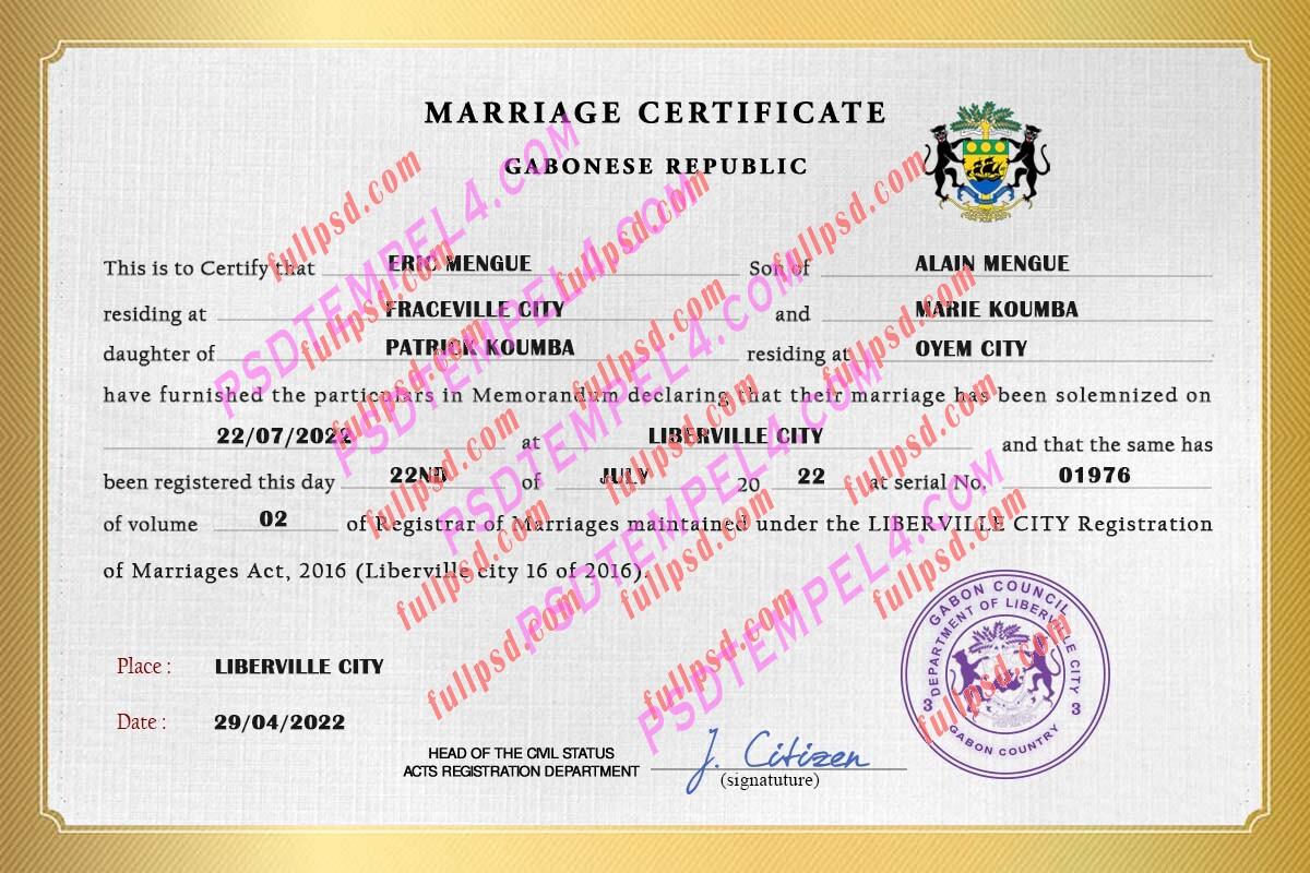Gabon marriage certificate psd