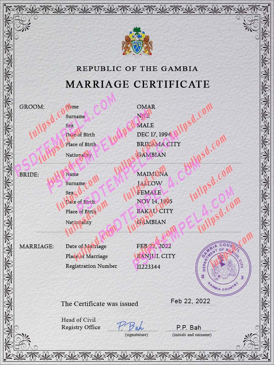 Gambia marriage certificate psd