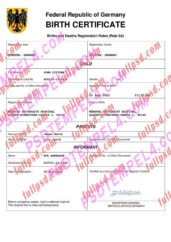 Germany Birth certificate pdf and word