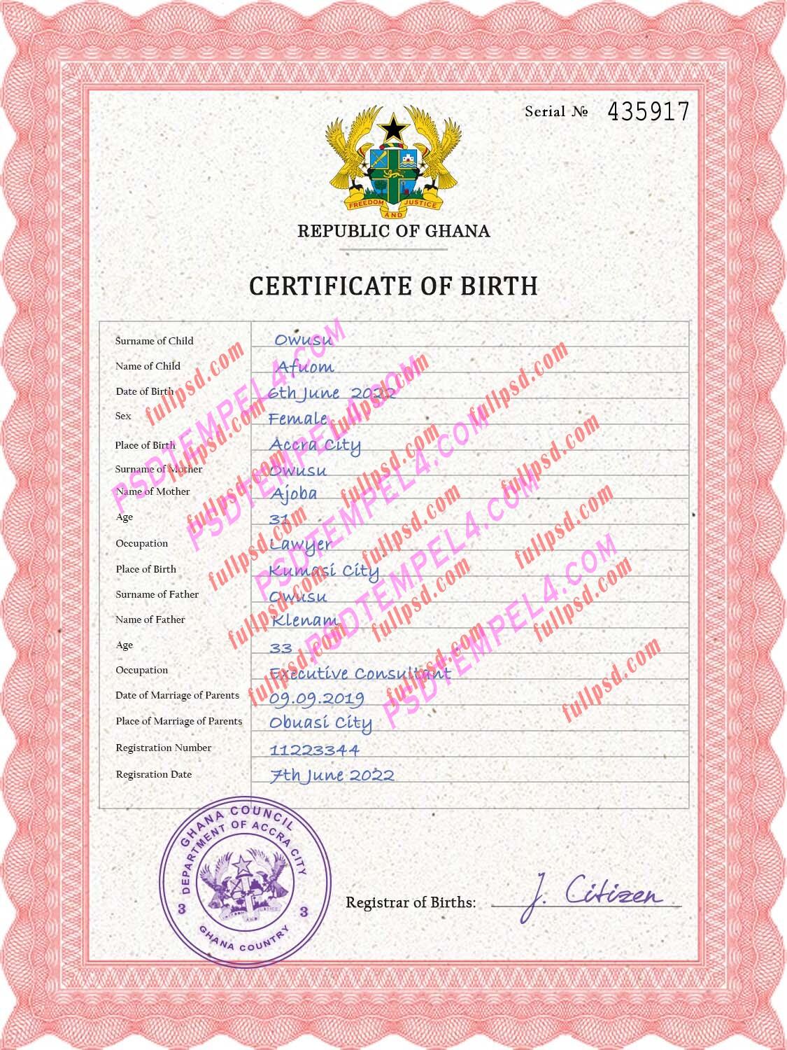 Ghana Birth certificate V2 PSD