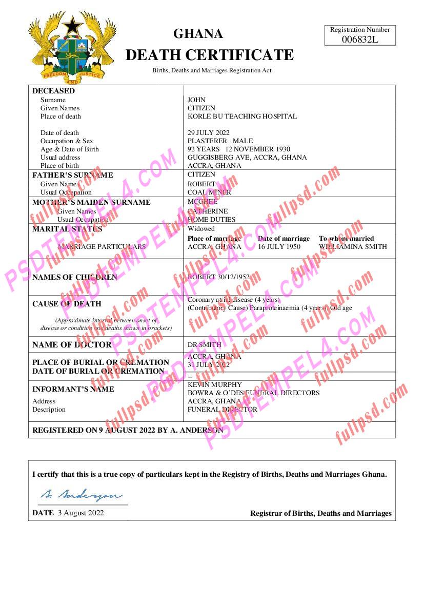 Ghana death certificate pdf and word