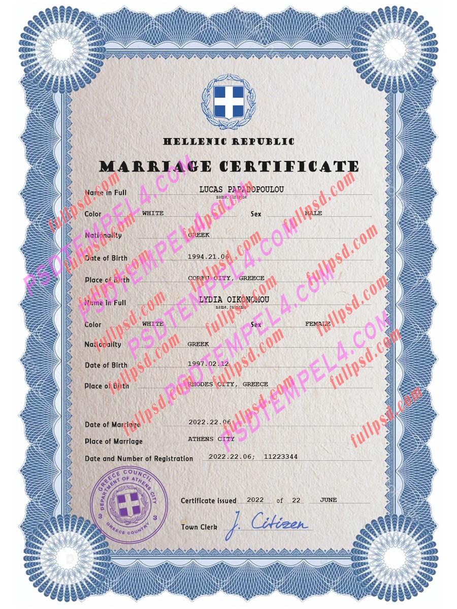 Greece marriage certificate psd