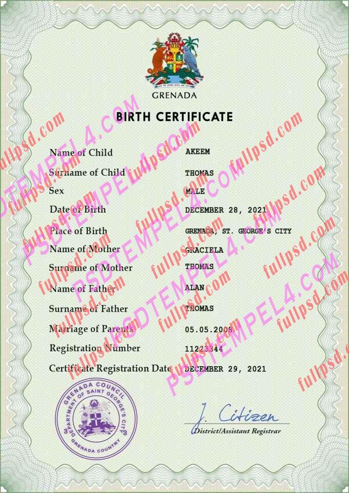 Grenada Birth certificate PSD