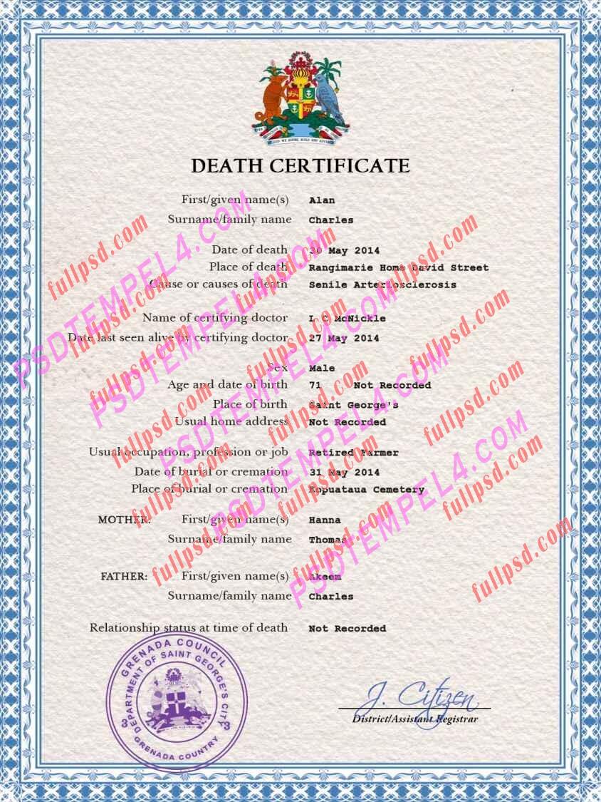 Grenada death certificate psd
