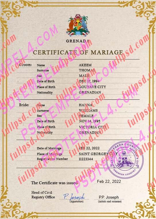 Grenada marriage certificate psd