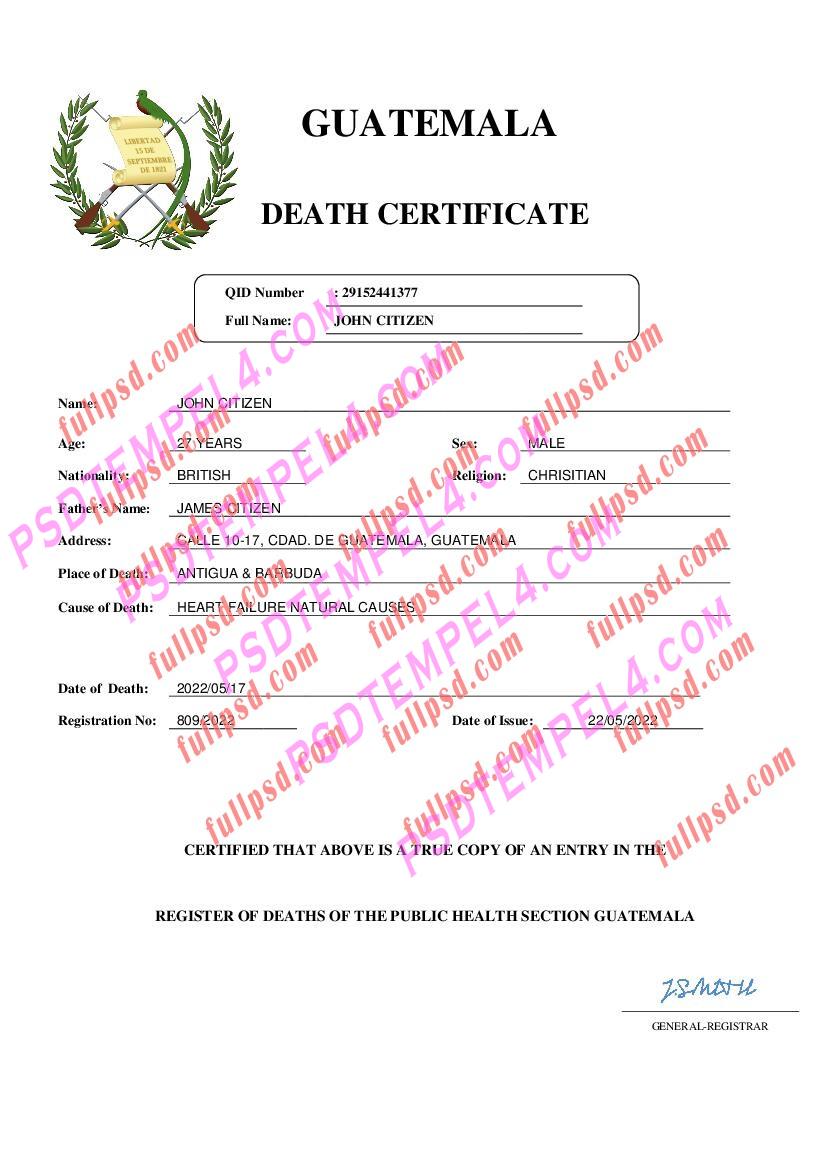 Guatemala death certificate pdf and word
